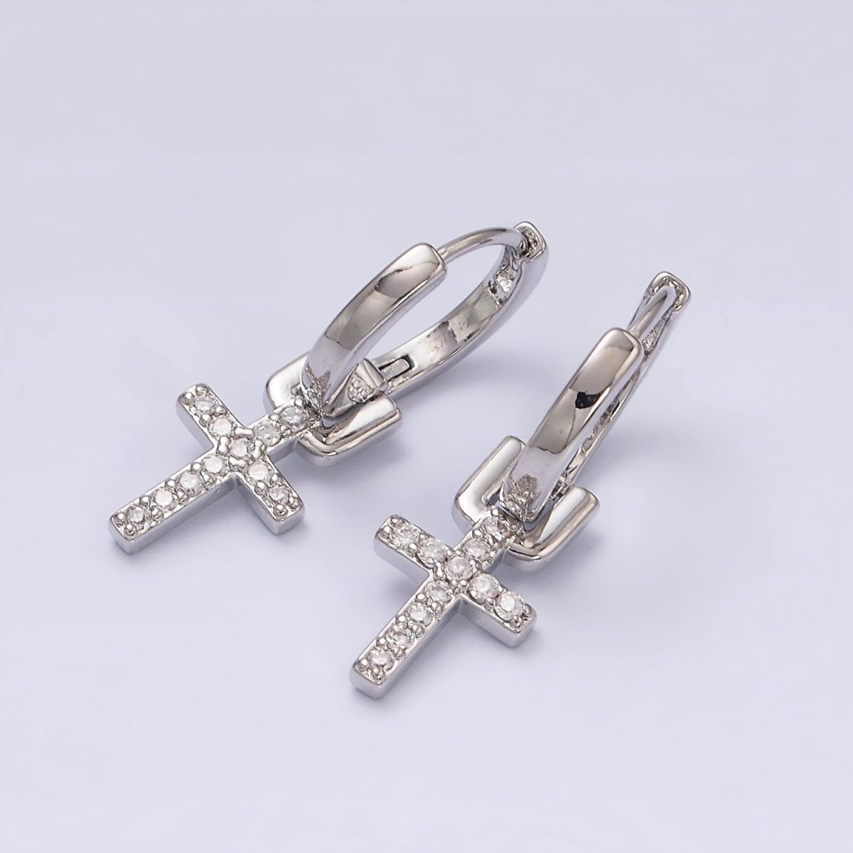 16K Gold Filled Micro Paved CZ Cross Religious Drop Huggie Earrings in Gold & Silver | AD1225 AD1226 - DLUXCA