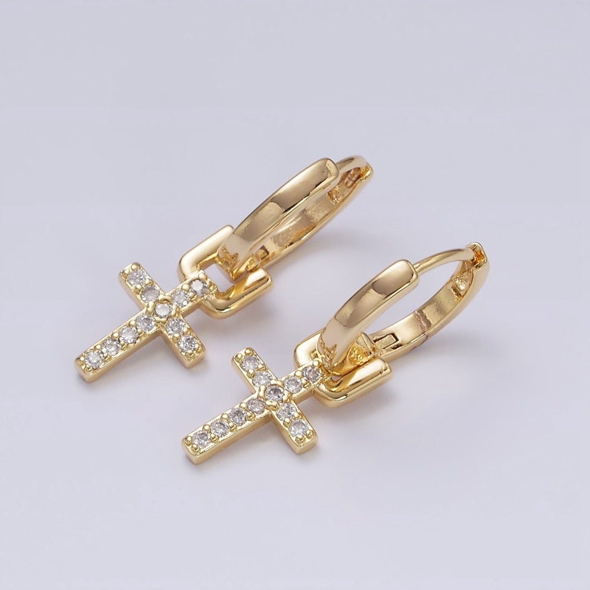 16K Gold Filled Micro Paved CZ Cross Religious Drop Huggie Earrings in Gold & Silver | AD1225 AD1226 - DLUXCA