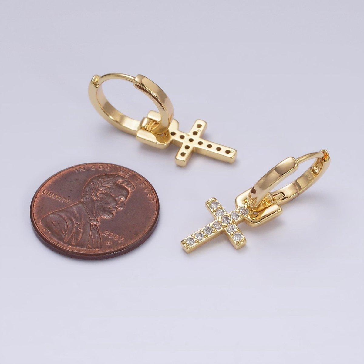 16K Gold Filled Micro Paved CZ Cross Religious Drop Huggie Earrings in Gold & Silver | AD1225 AD1226 - DLUXCA