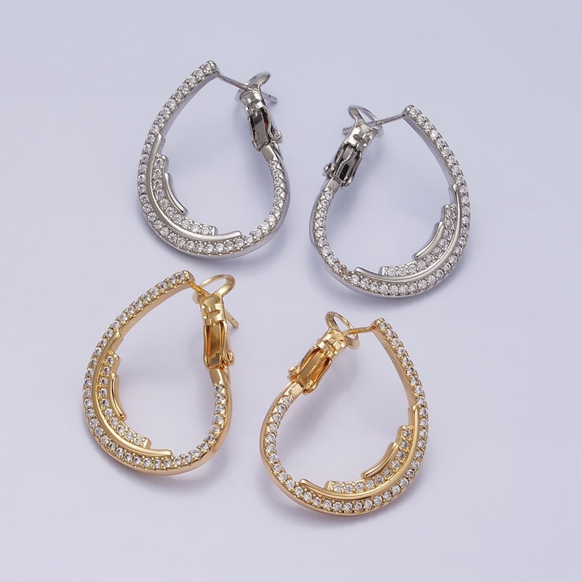 16K Gold Filled Micro Paved CZ Double Lined Teardrop Font-Facing Hinge Hoop Earrings in Gold & Silver | AD899 AD900 - DLUXCA