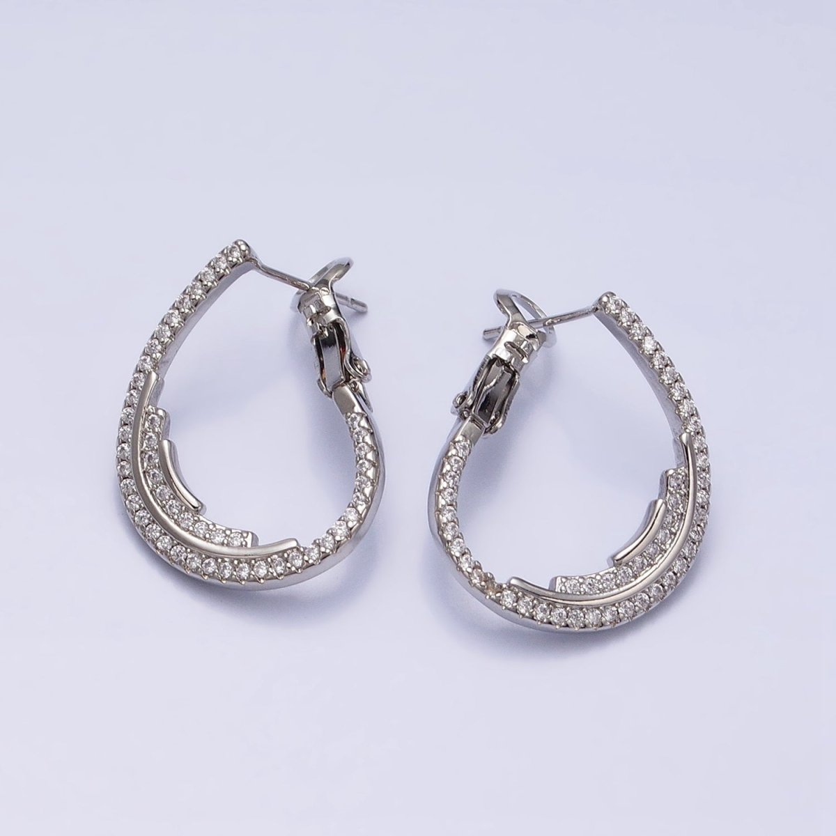 16K Gold Filled Micro Paved CZ Double Lined Teardrop Font-Facing Hinge Hoop Earrings in Gold & Silver | AD899 AD900 - DLUXCA