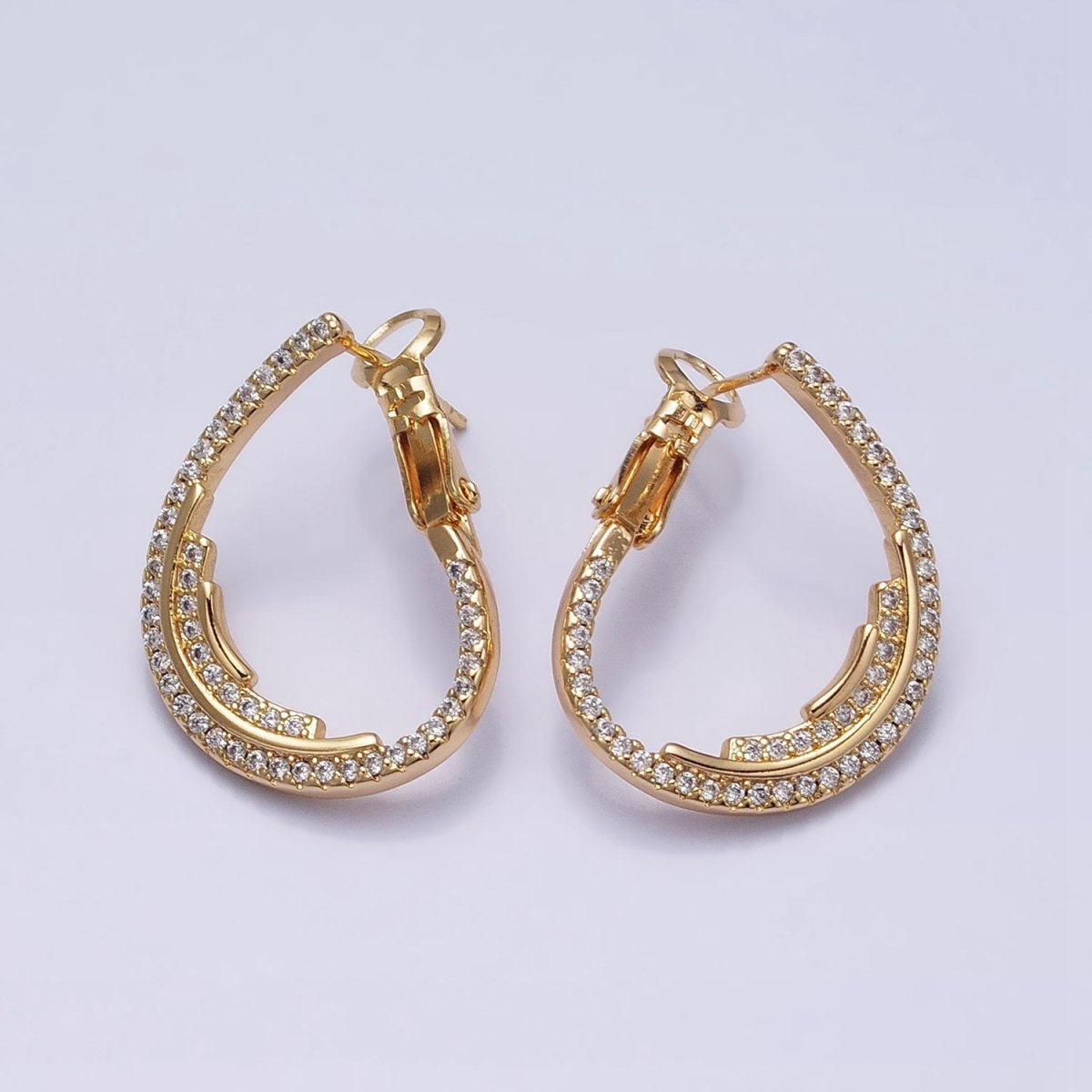 16K Gold Filled Micro Paved CZ Double Lined Teardrop Font-Facing Hinge Hoop Earrings in Gold & Silver | AD899 AD900 - DLUXCA