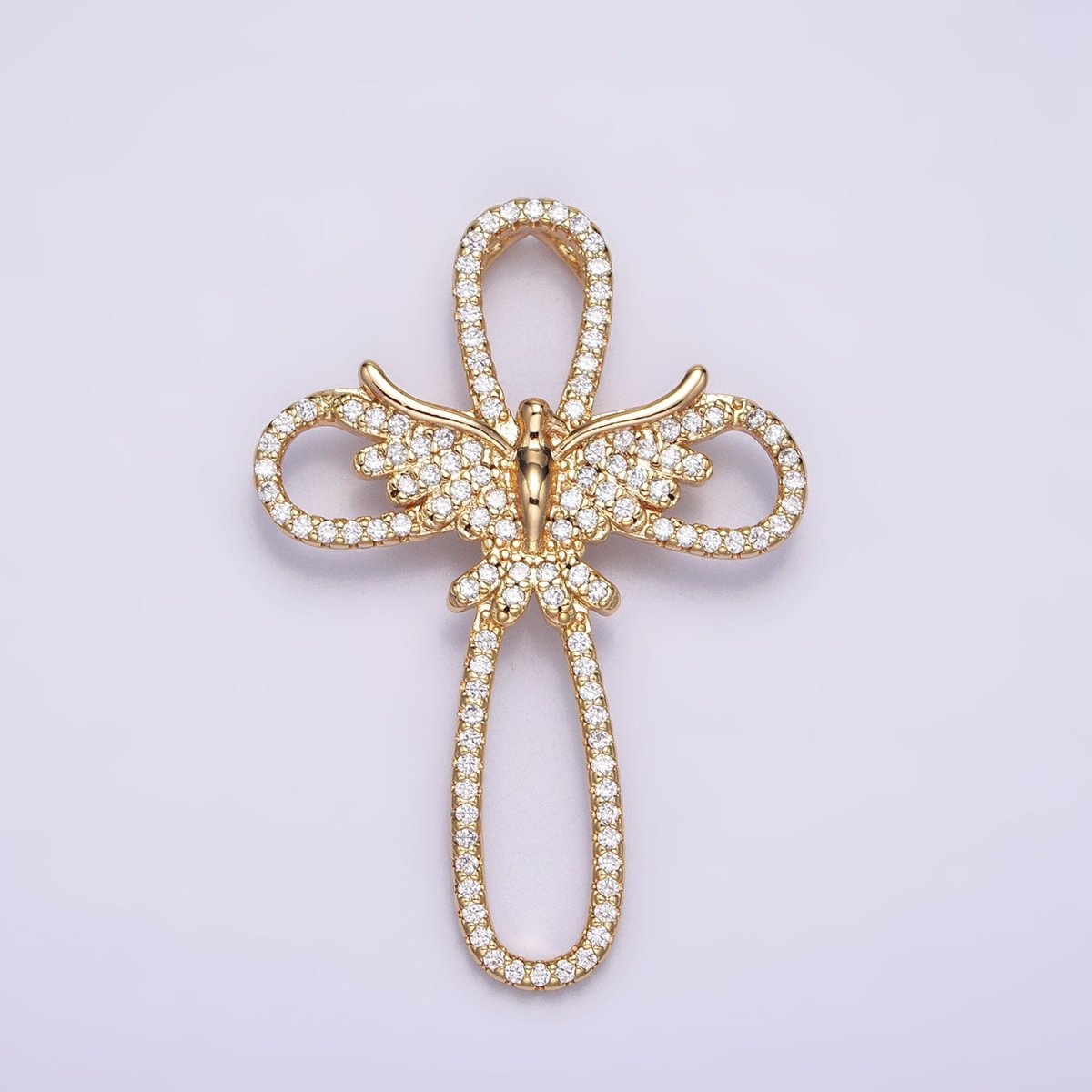 16K Gold Filled Micro Paved CZ Flying Dove Open Cross Back Loop Pendant in Gold & Silver | AA379 AA380 - DLUXCA