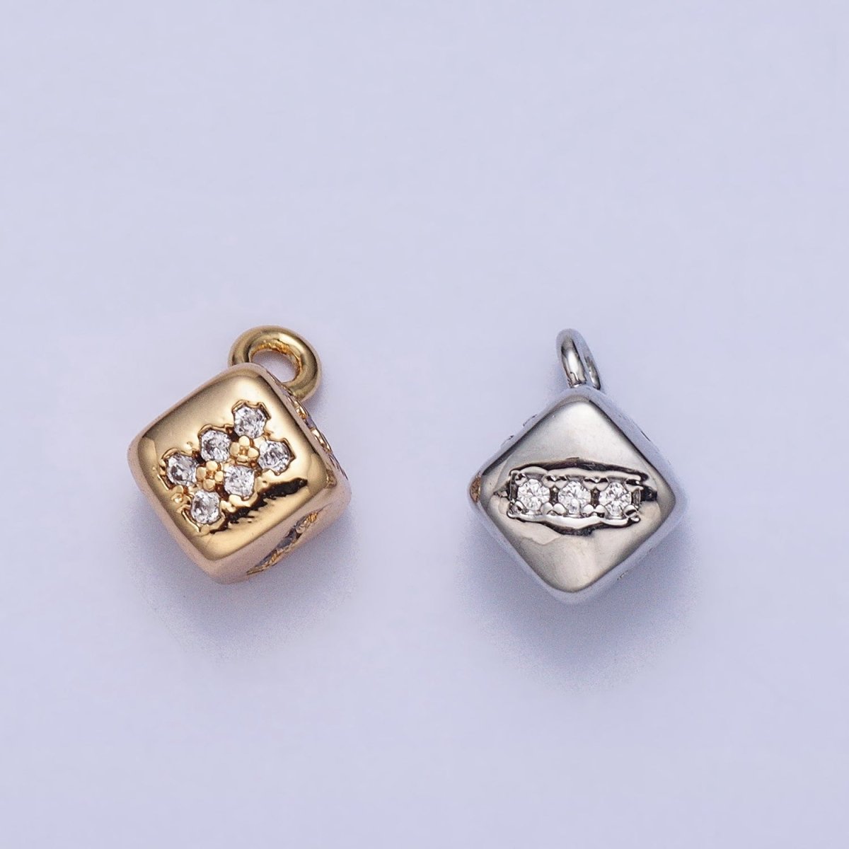 16K Gold Filled Micro Paved CZ Lucky Dice Mini Add-On Charm in Gold & Silver | AC1036 AC1037 - DLUXCA