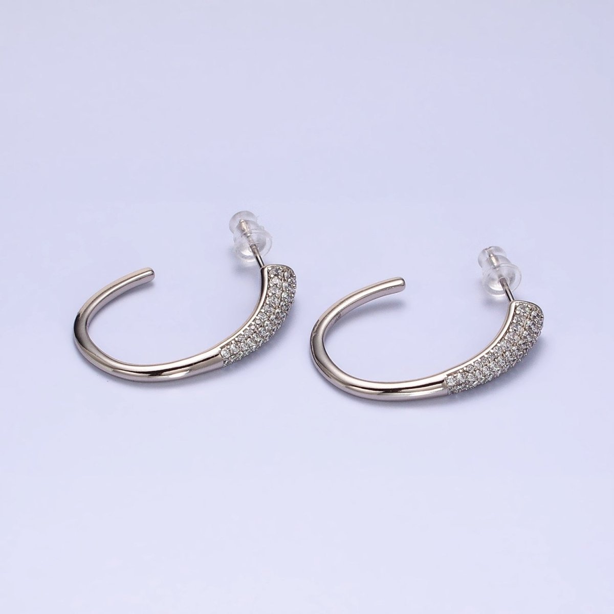 16K Gold Filled Micro Paved CZ Minimalist J-Shaped Hoop Earrings in Gold & Silver | AE041 AE042 - DLUXCA