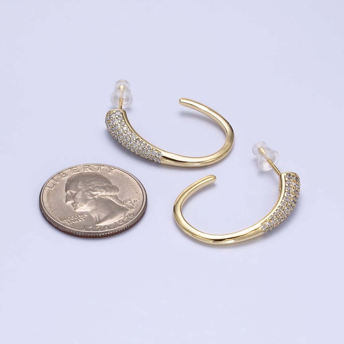 16K Gold Filled Micro Paved CZ Minimalist J-Shaped Hoop Earrings in Gold & Silver | AE041 AE042 - DLUXCA