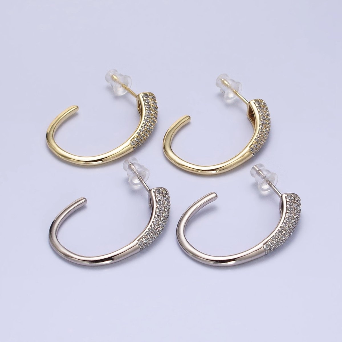 16K Gold Filled Micro Paved CZ Minimalist J-Shaped Hoop Earrings in Gold & Silver | AE041 AE042 - DLUXCA