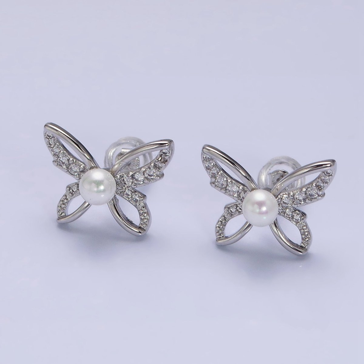 16K Gold Filled Micro Paved CZ Pearl Butterfly Mariposa Stud Earrings | AD1251 AD3495 - DLUXCA