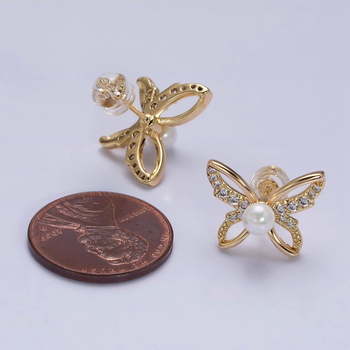 16K Gold Filled Micro Paved CZ Pearl Butterfly Mariposa Stud Earrings | AD1251 AD3495 - DLUXCA