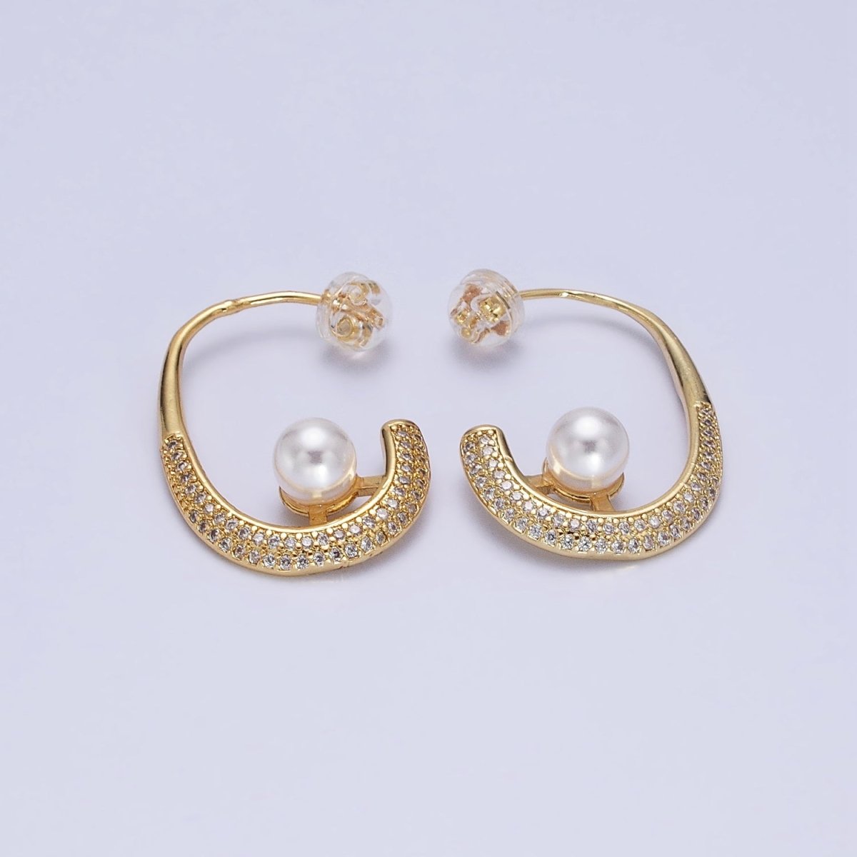 16K Gold Filled Micro Paved CZ Pearl J-Shaped Hoop Earrings in Gold & Silver | AD871 AD872 - DLUXCA