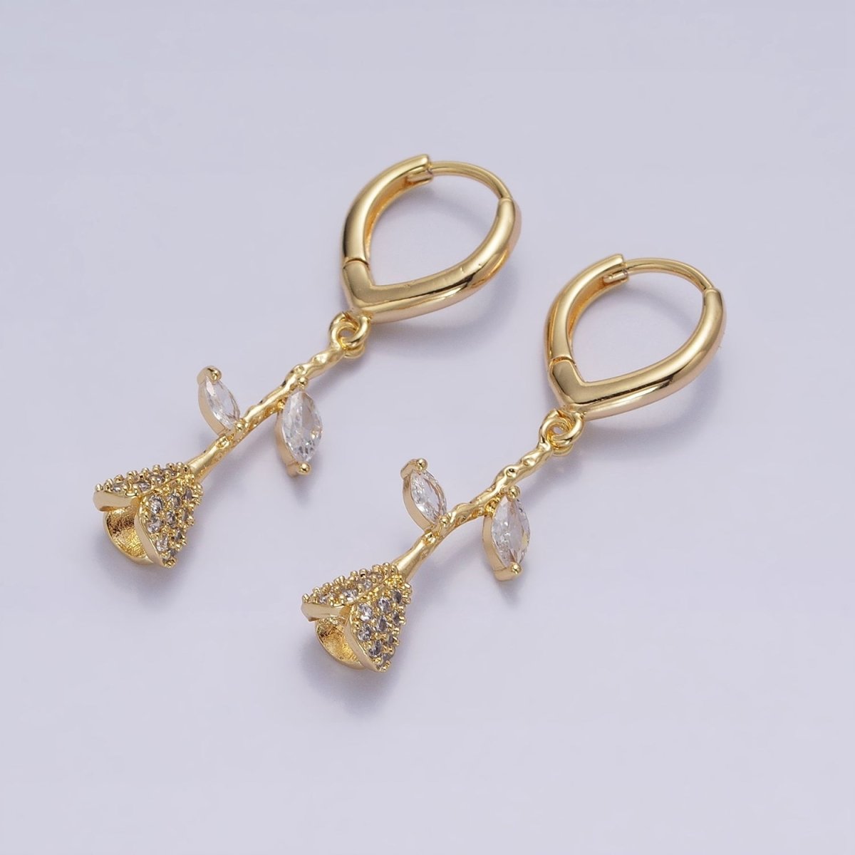 16K Gold Filled Micro Paved CZ Rose Flower Marquise Leaf Drop Triangle Huggie Earrings in Gold & Silver | AB1417 AB1418 - DLUXCA
