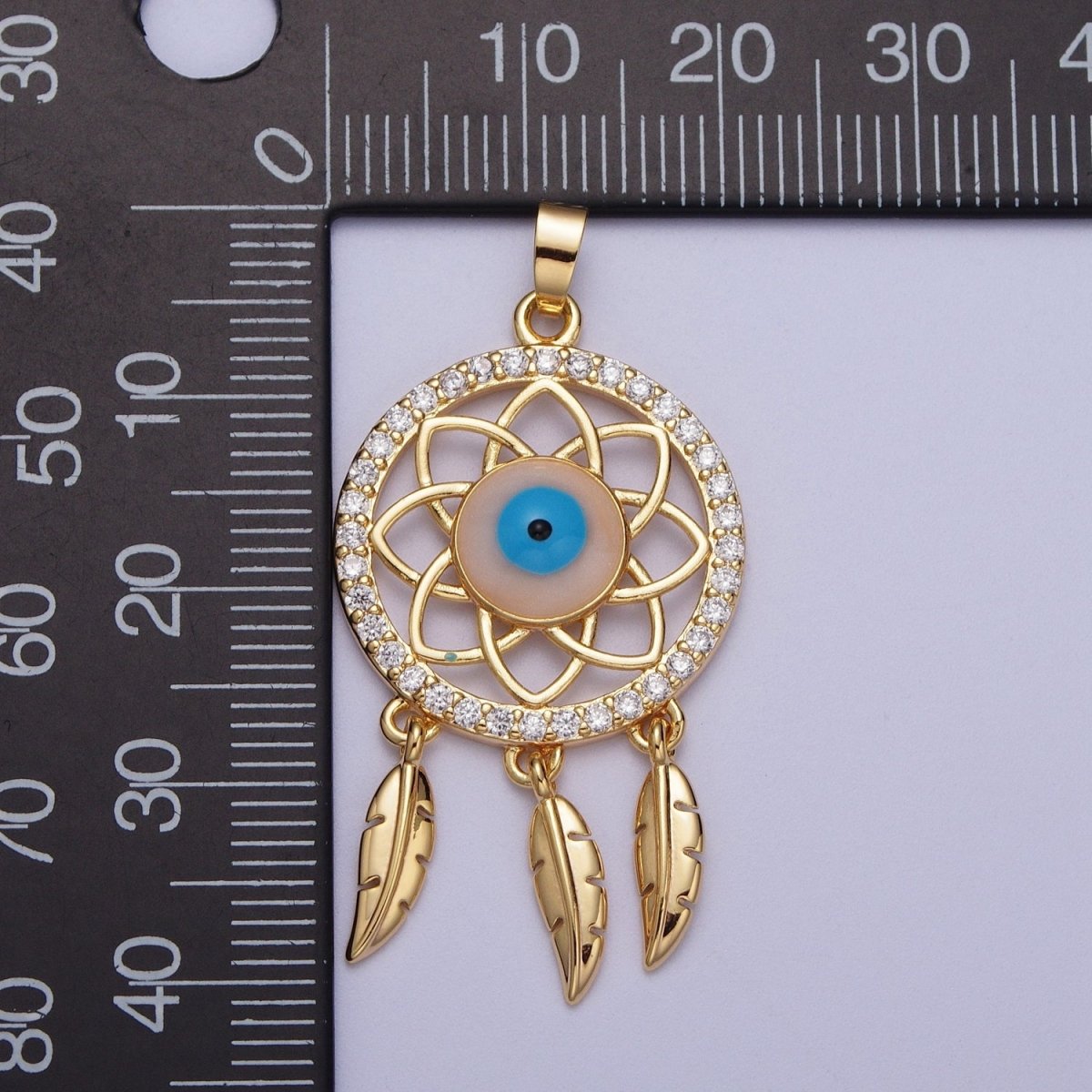 16K Gold Filled Micro Paved Evil Eye of Ra Dreamcatcher Feathers Pendant For DIY Protection Jewelry Making | X-688 - DLUXCA