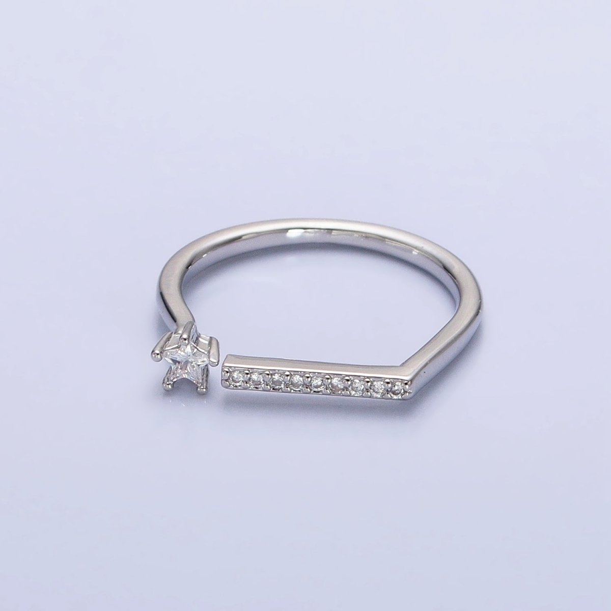 16K Gold Filled Micro Paved Flat Bar Celestial Star CZ Open Adjustable Ring in Gold & Silver | O-1906 O-1907 - DLUXCA