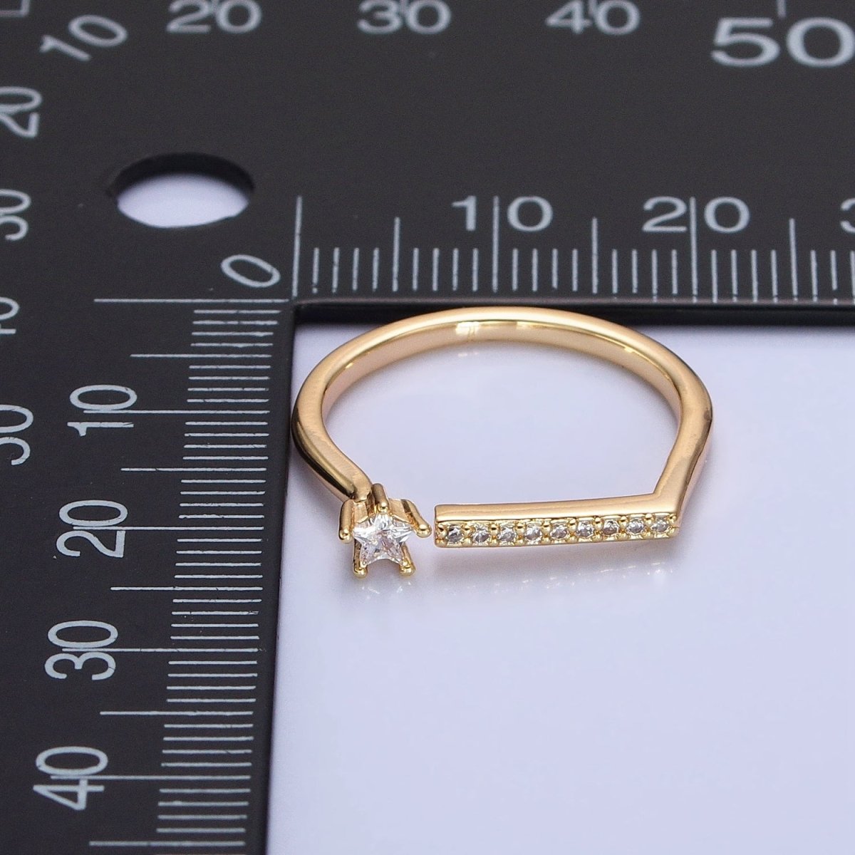 16K Gold Filled Micro Paved Flat Bar Celestial Star CZ Open Adjustable Ring in Gold & Silver | O-1906 O-1907 - DLUXCA