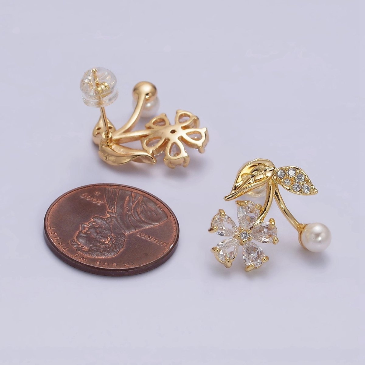 16K Gold Filled Micro Paved Flower Clear Teardrop CZ Pearl Cherry Stud Earrings | AE843 - DLUXCA