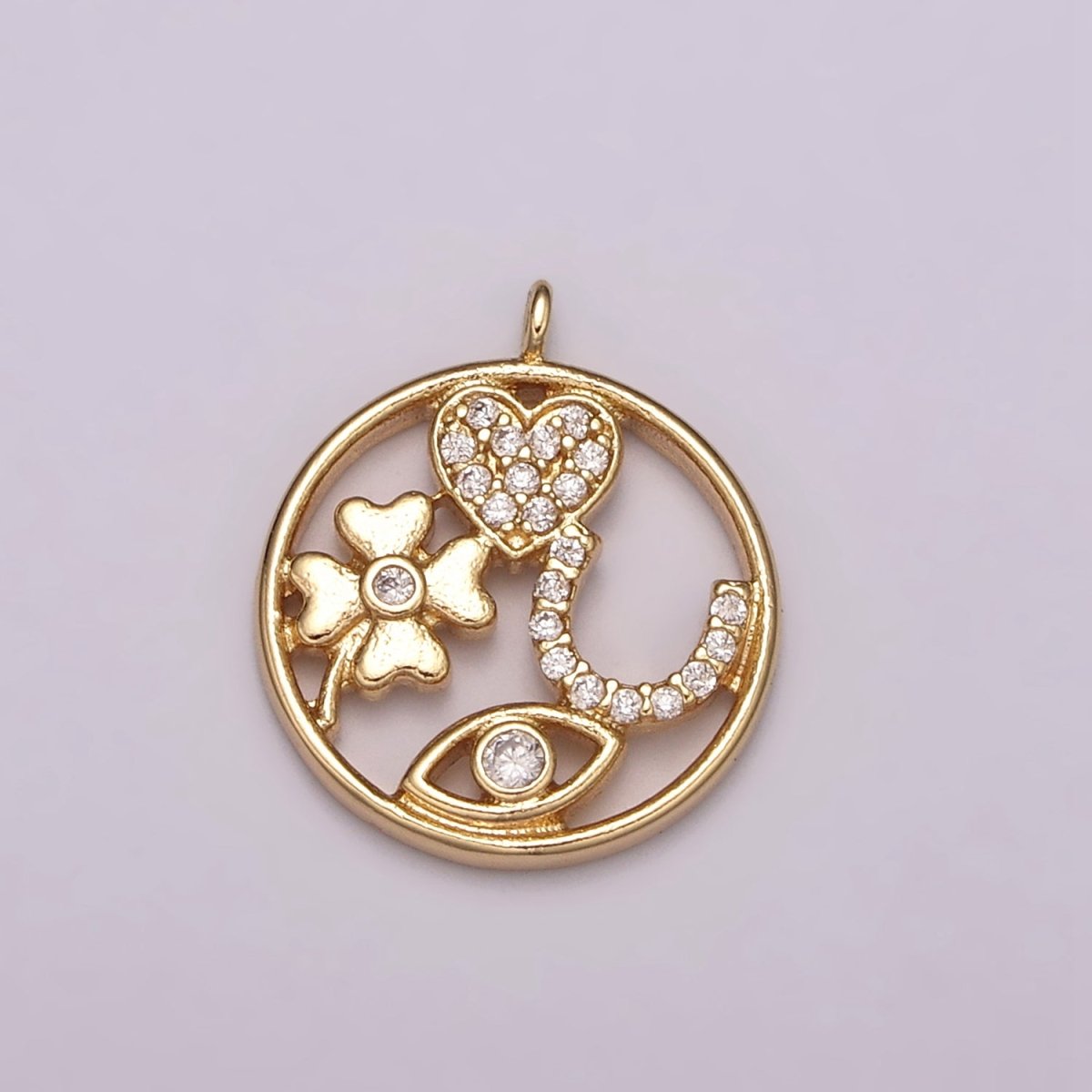 16K Gold Filled Micro Paved Micro Paved CZ Heart Horseshoe Clover Evil Eye Round Open Charm N-176 - DLUXCA