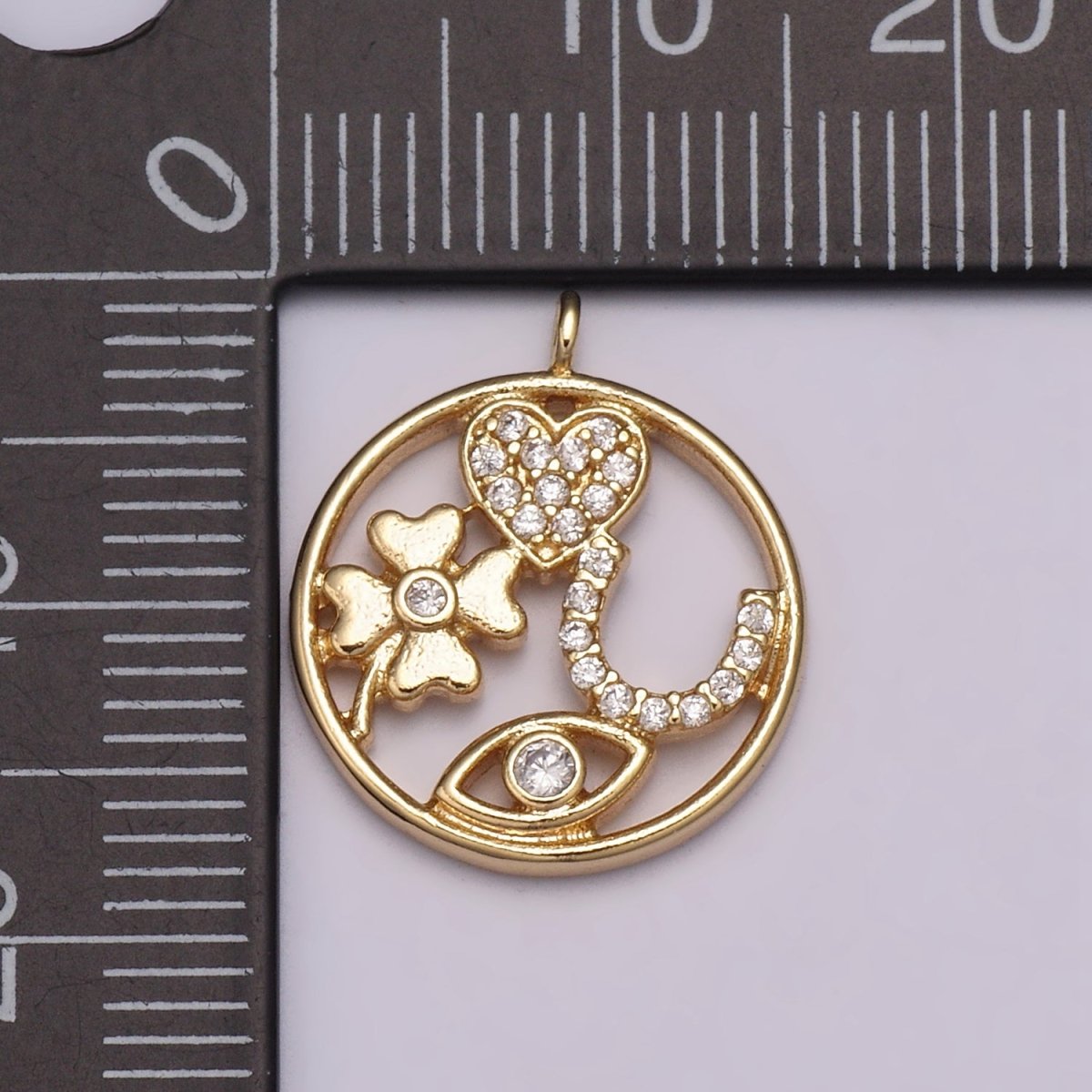 16K Gold Filled Micro Paved Micro Paved CZ Heart Horseshoe Clover Evil Eye Round Open Charm N-176 - DLUXCA