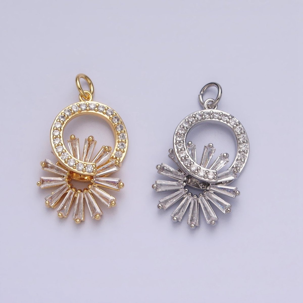 16K Gold Filled Micro Paved Round Flower Baguette Dangle Drop Charm in Gold & Silver | AC958 AC959 - DLUXCA