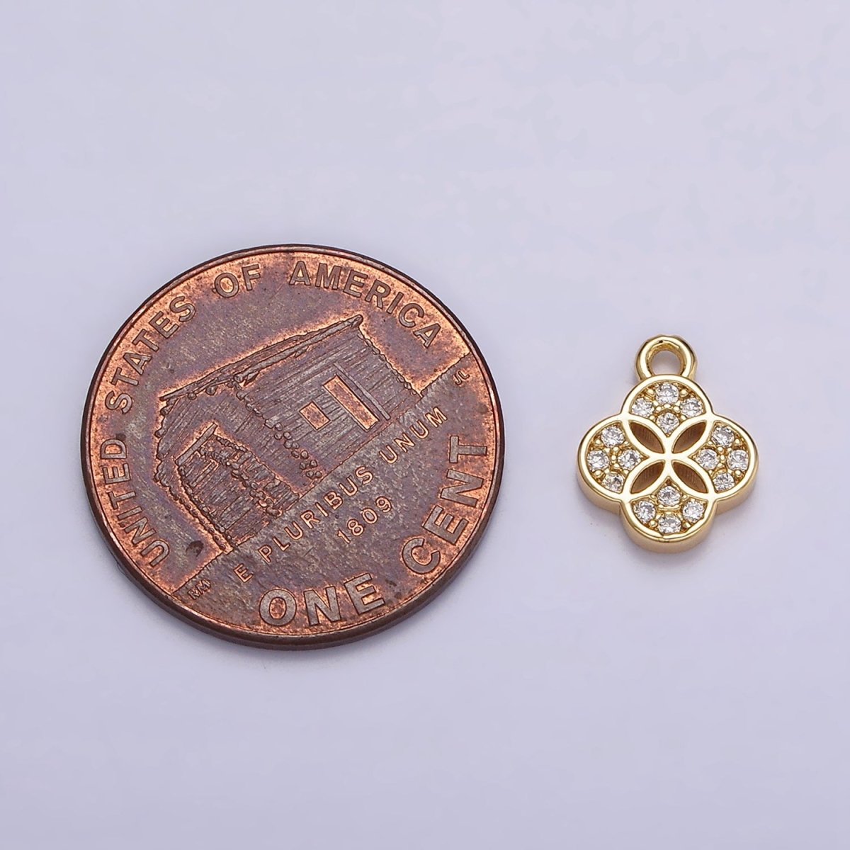 16K Gold Filled Mini Clear Micro Paved Quatrefoil Clover Flower Open Add-On Charm | N968 - DLUXCA