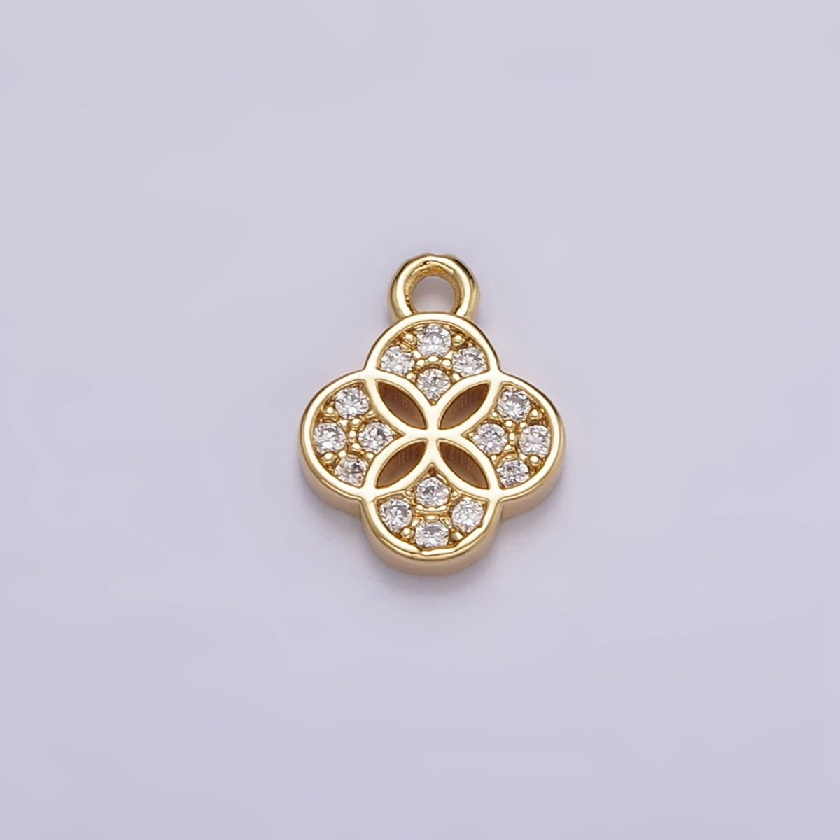 16K Gold Filled Mini Clear Micro Paved Quatrefoil Clover Flower Open Add-On Charm | N968 - DLUXCA