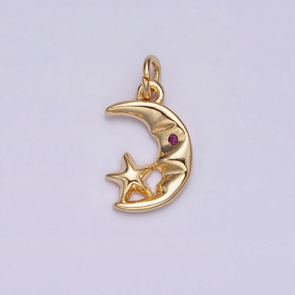 16K Gold Filled Mini CZ Fuchsia-Eyed Moon Face Star Celestial Add-On Charm | AC1161 - DLUXCA