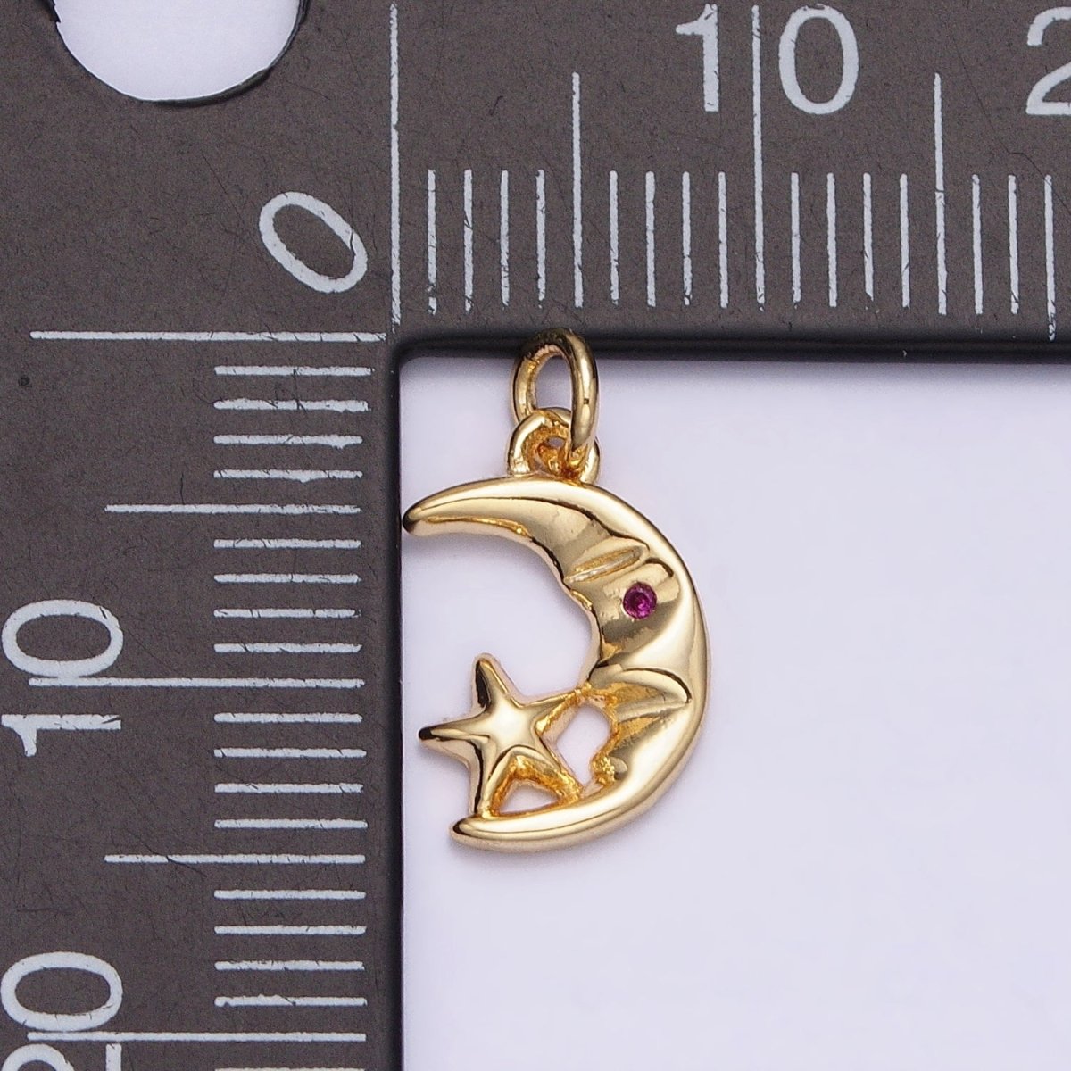 16K Gold Filled Mini CZ Fuchsia-Eyed Moon Face Star Celestial Add-On Charm | AC1161 - DLUXCA