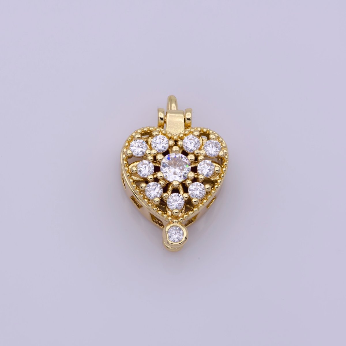 16K Gold Filled Mini Heart Cage Locket Charm with Red CZ Inside N-195 - DLUXCA