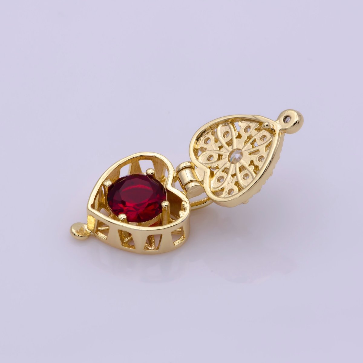 16K Gold Filled Mini Heart Cage Locket Charm with Red CZ Inside N-195 - DLUXCA