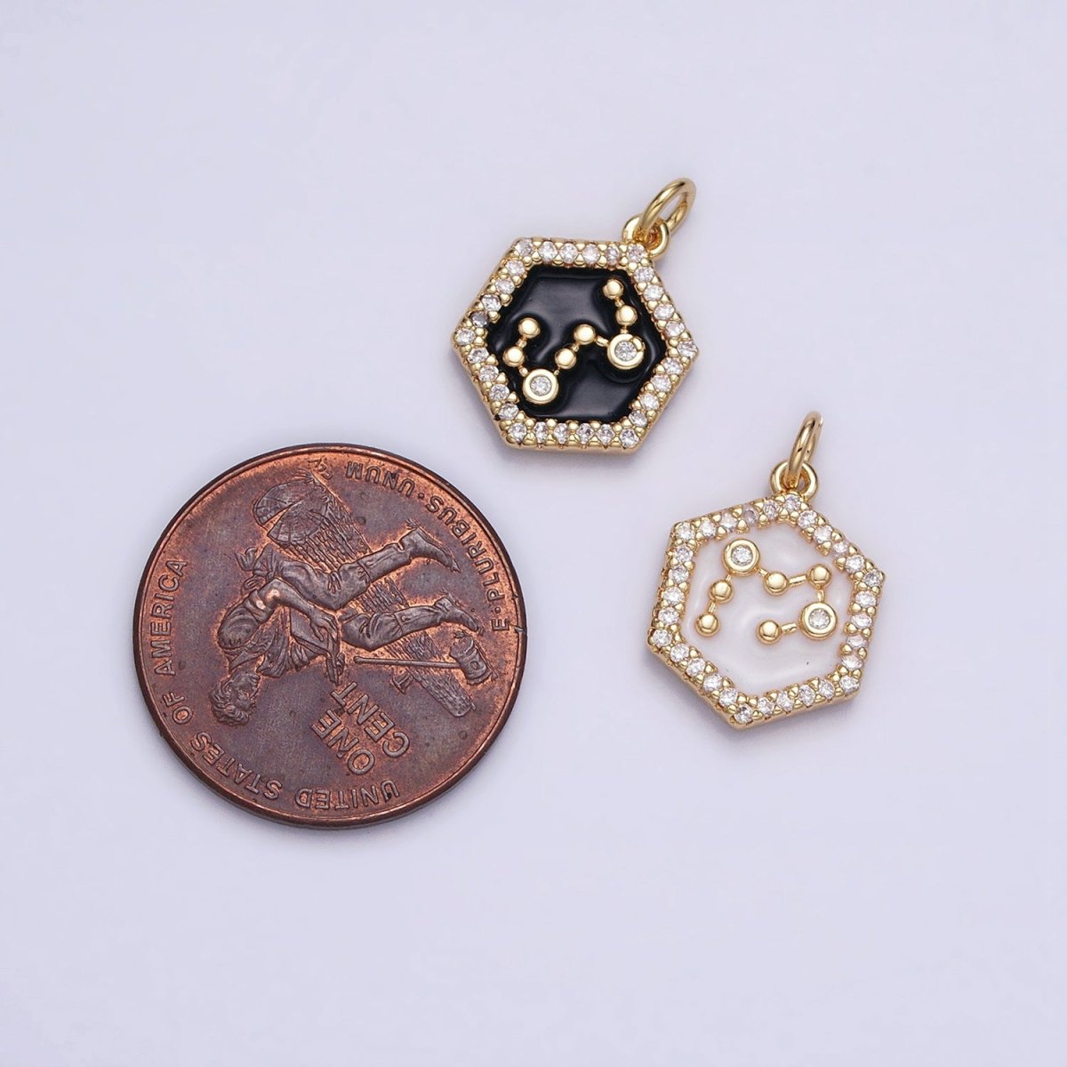 16K Gold Filled Mini Zodiac Sign Birth Star Constellation White Enamel Hexagonal Hammered Add-On Charm | AD383 - AD394 - DLUXCA