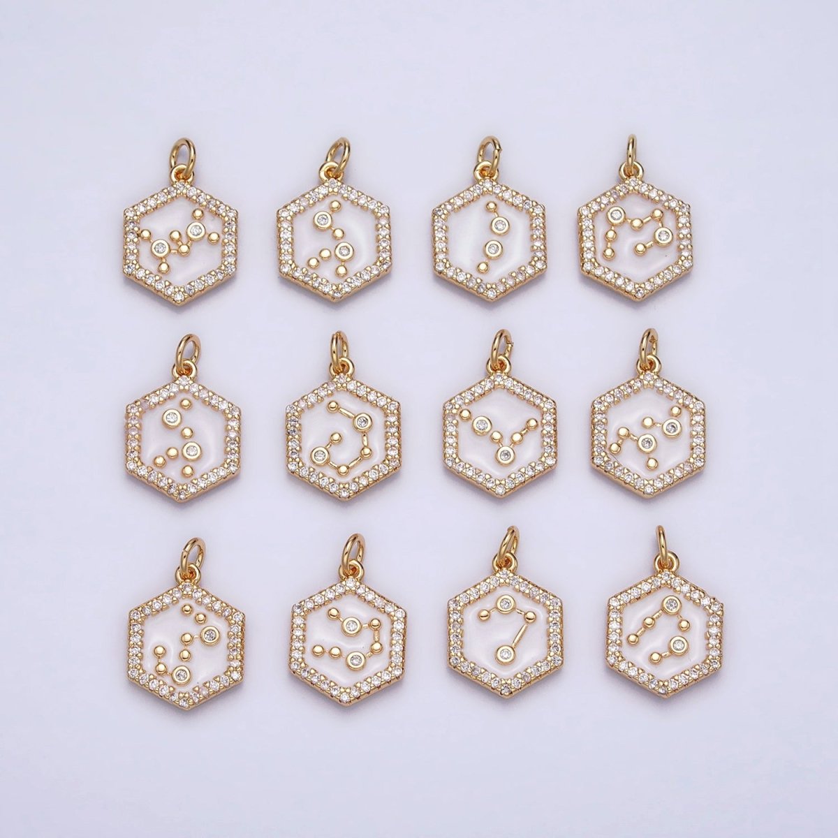 16K Gold Filled Mini Zodiac Sign Birth Star Constellation White Enamel Hexagonal Hammered Add-On Charm | AD383 - AD394 - DLUXCA