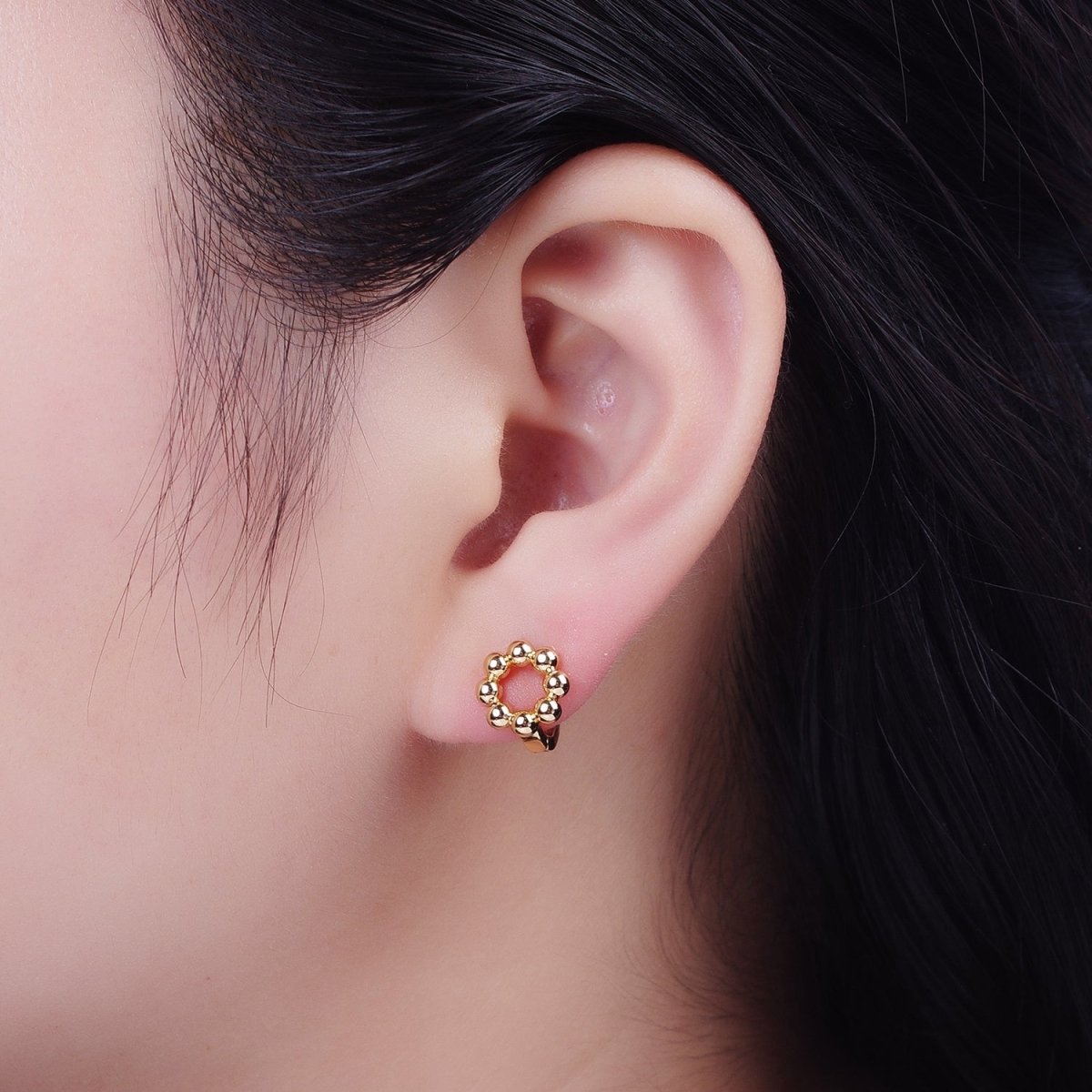 16K Gold Filled Minimalist Round Beaded Bubble Ball Huggie Hoop Earrings | X-849 - DLUXCA