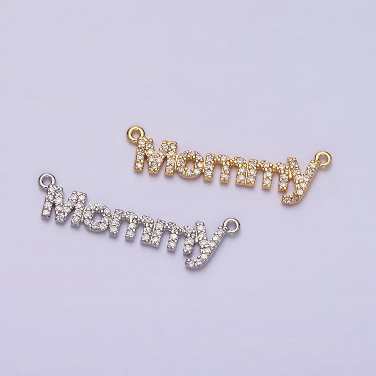 16K Gold Filled Mommy Script Micro Paved CZ Top Loop Connector in Gold & Silver mother day gift idea | AA1089 AA1090 - DLUXCA