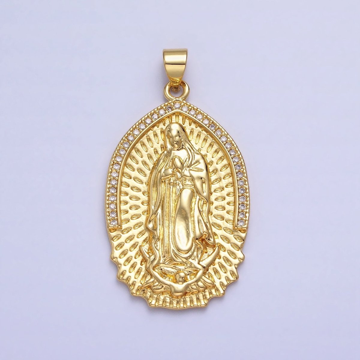 16K Gold Filled Mother Virgin Mary Line Textured Micro Paved CZ Religious Pendant | AA226 - DLUXCA