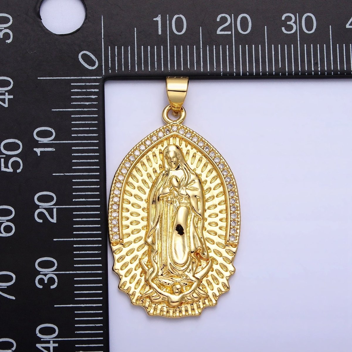 16K Gold Filled Mother Virgin Mary Line Textured Micro Paved CZ Religious Pendant | AA226 - DLUXCA