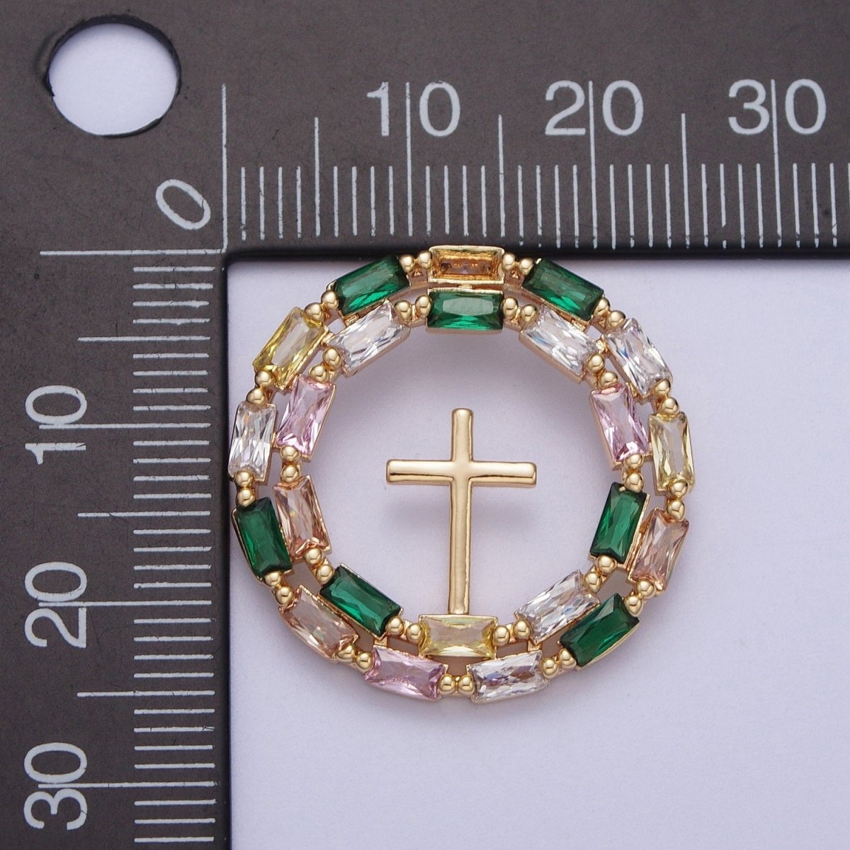 16K Gold Filled Multicolor Baguette Mini Cross Round Medallion Pendant For Religious Jewelry | X-689 - DLUXCA