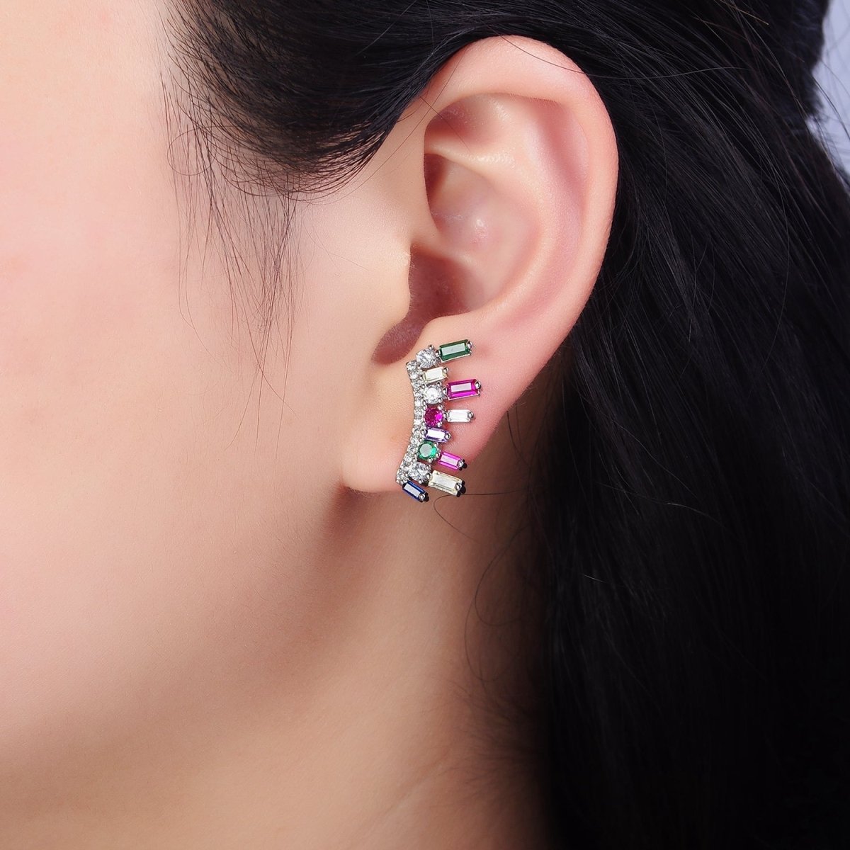 16K Gold Filled Multicolor CZ Baguette Round Fan Lined Stud Earrings | AD1163 AD1164 - DLUXCA