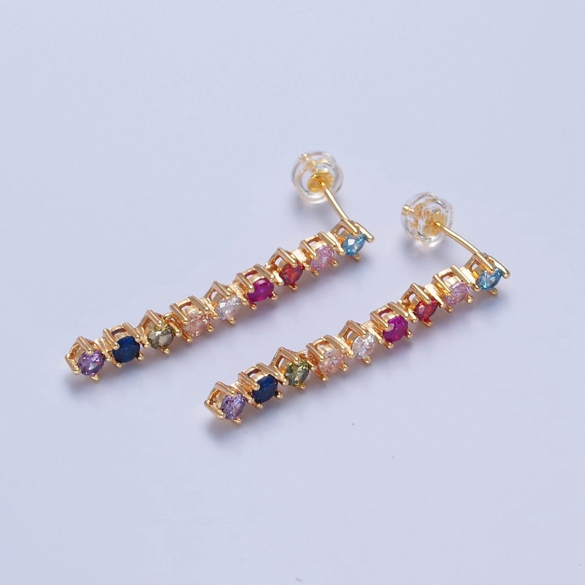 16K Gold Filled Multicolor CZ Linear Drop Dangle Stud Earrings | T-501 - DLUXCA