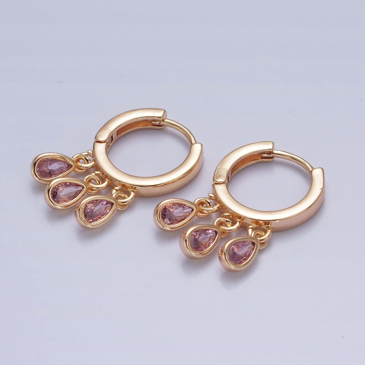 16K Gold Filled Multicolor Teardrop Cubic Zirconia Three Charm Dangle Huggie Hoop Earrings P-165~P-171 - DLUXCA