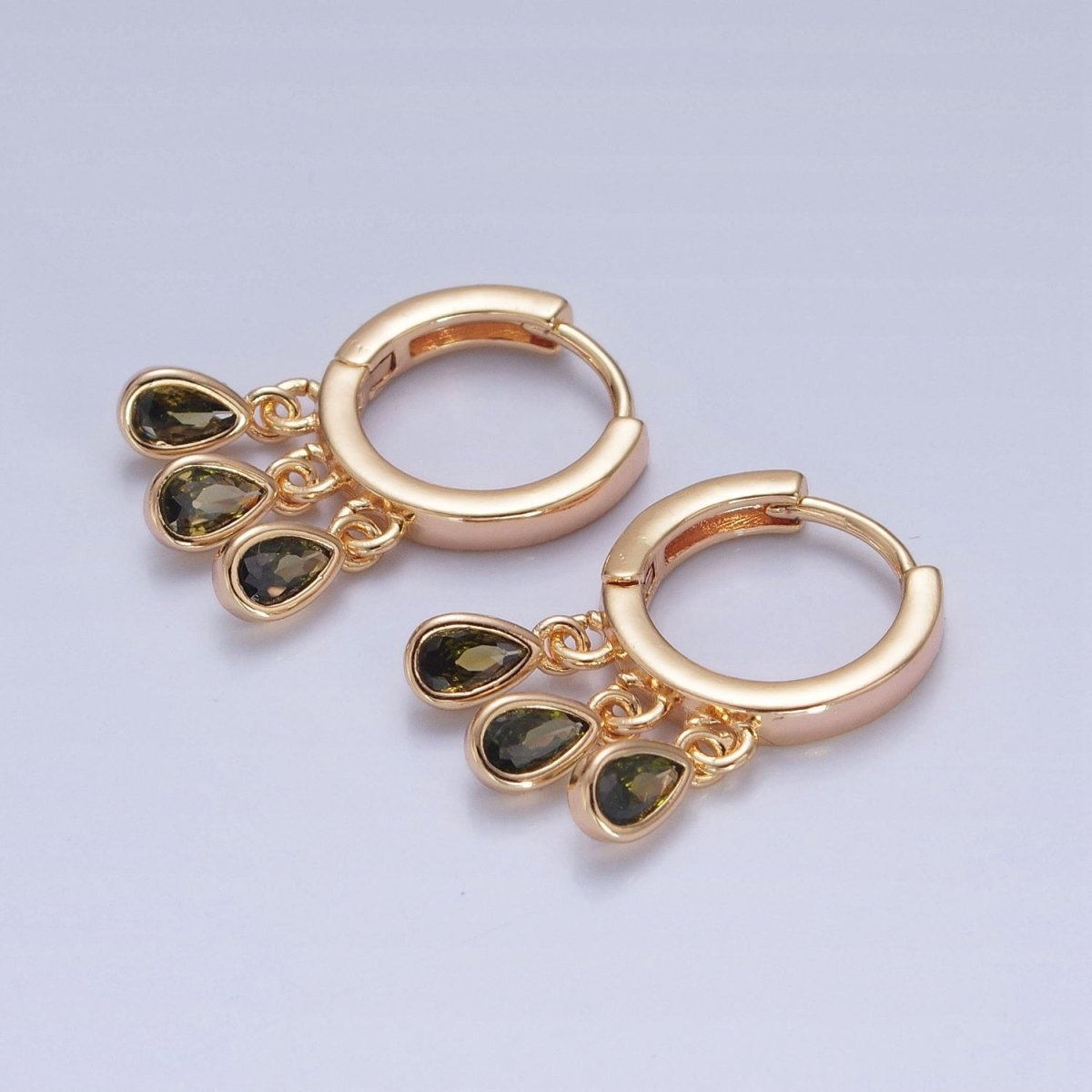 16K Gold Filled Multicolor Teardrop Cubic Zirconia Three Charm Dangle Huggie Hoop Earrings P-165~P-171 - DLUXCA