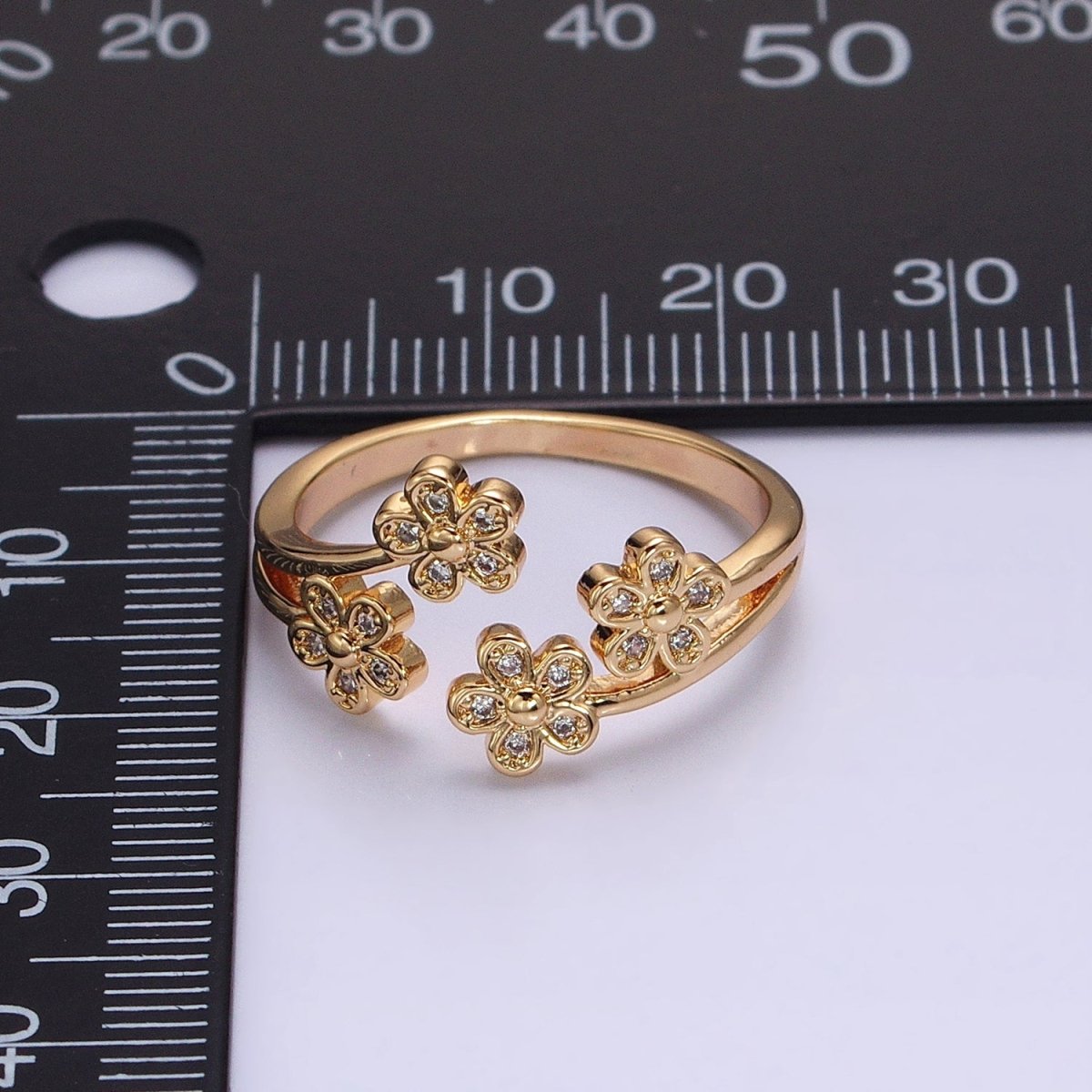 16K Gold Filled Multiple Daisy Flower Clear CZ Open Adjustable Ring | O-1781 O-1782 - DLUXCA