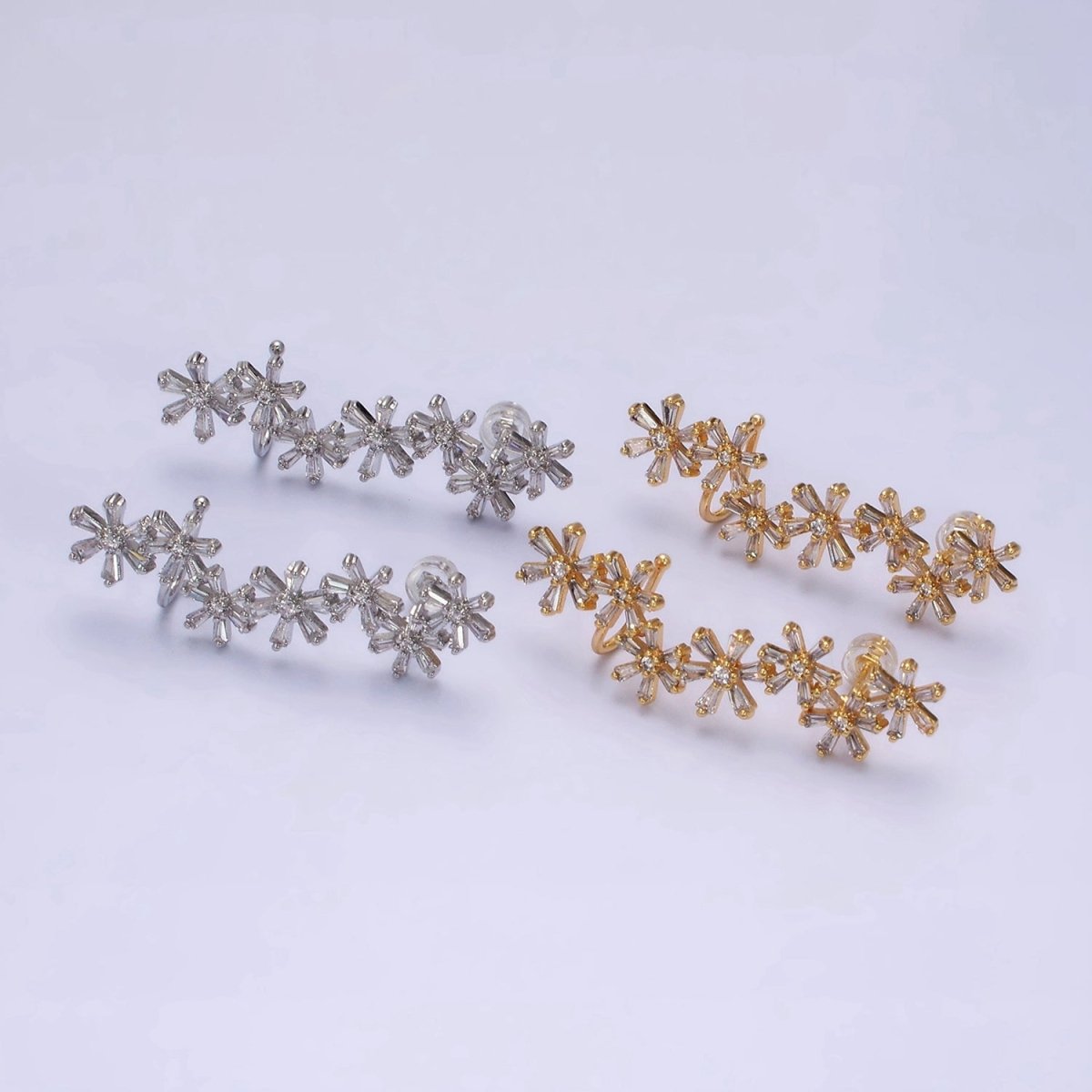 16K Gold Filled Multiple Flower Baguette Ear Crawler Cuff Stud Earrings in Gold & Silver | AI017 AI018 - DLUXCA