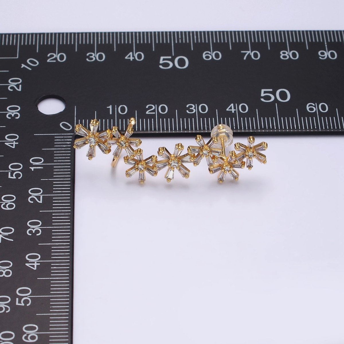 16K Gold Filled Multiple Flower Baguette Ear Crawler Cuff Stud Earrings in Gold & Silver | AI017 AI018 - DLUXCA