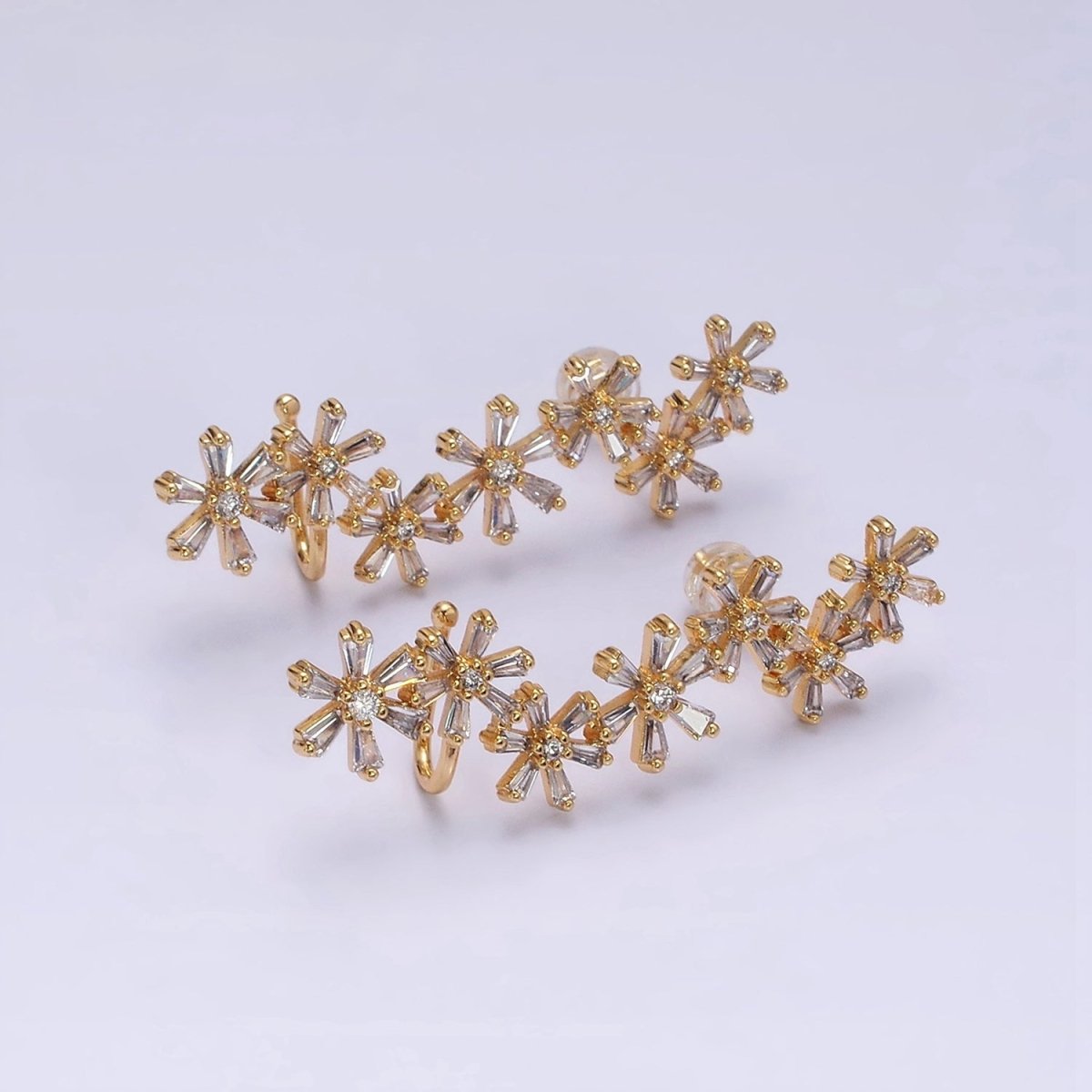 16K Gold Filled Multiple Flower Baguette Ear Crawler Cuff Stud Earrings in Gold & Silver | AI017 AI018 - DLUXCA