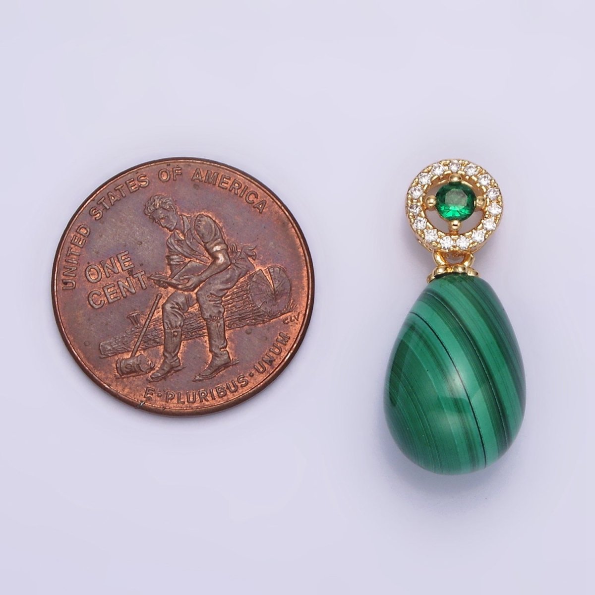 16K Gold Filled Natural Gemstone Malachite Drop Micro Paved CZ Green Round Bail | AA614 - DLUXCA