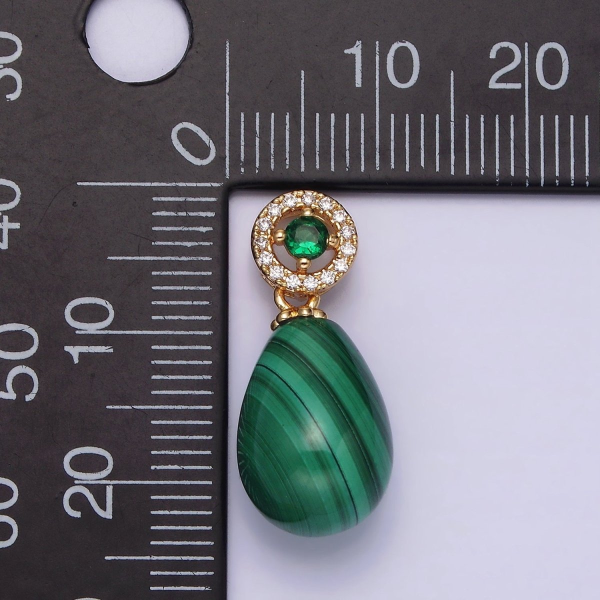 16K Gold Filled Natural Gemstone Malachite Drop Micro Paved CZ Green Round Bail | AA614 - DLUXCA