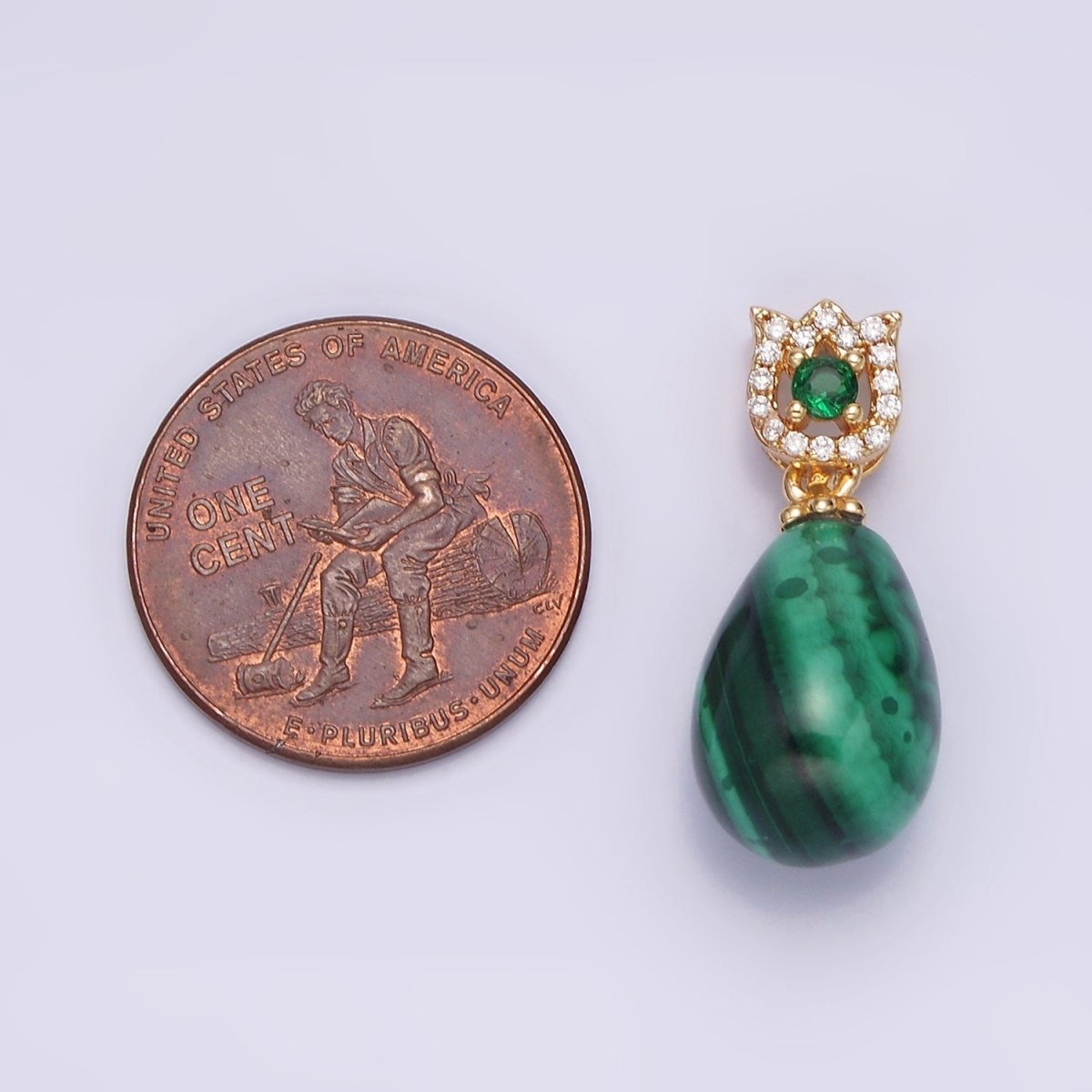 16K Gold Filled Natural Gemstone Malachite Drop Micro Paved CZ Tulip Flower Bail | AA615 - DLUXCA