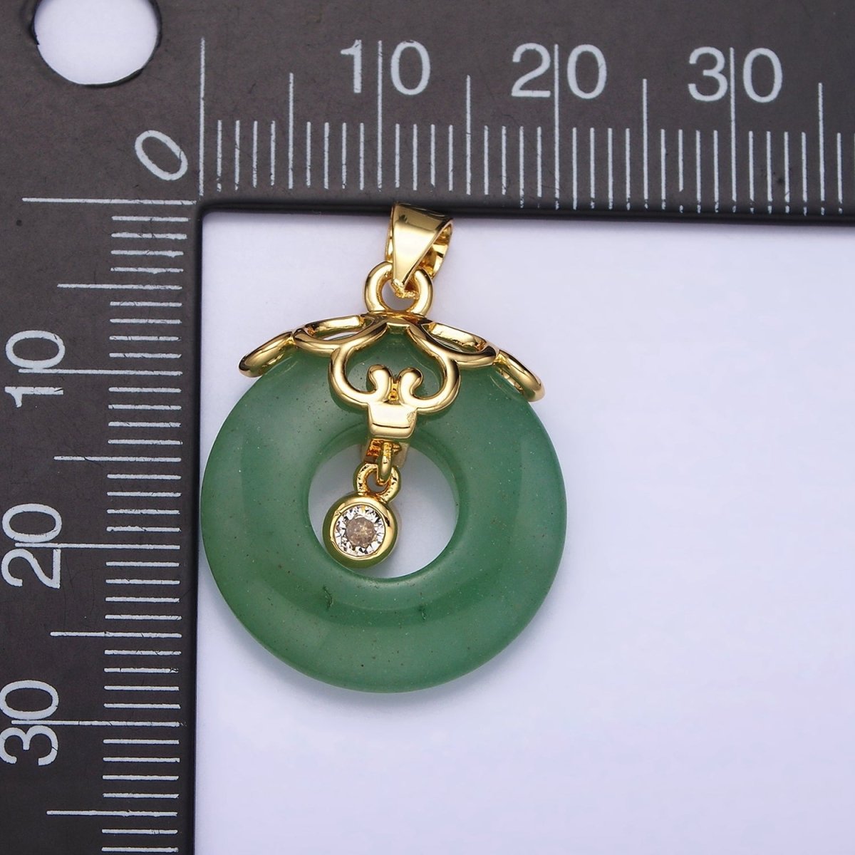 16K Gold Filled Natural Green Jade Donut Artisan Frame Clear CZ Bezel Dangle Pendant | AA532 - DLUXCA
