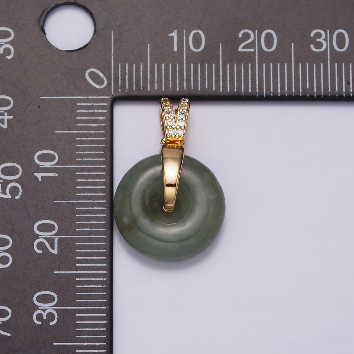 16K Gold Filled Natural Malaysian Green Jade Donut Double Micro Paved Band Bail Pendant | AA780 - DLUXCA