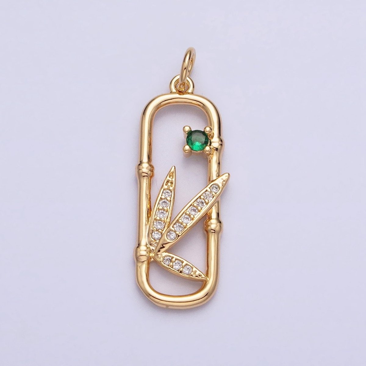 16K Gold Filled Nature Green CZ Micro Paved Leaves Bamboo Oblong Open Charm in Gold & Silver | AC968 AC969 - DLUXCA