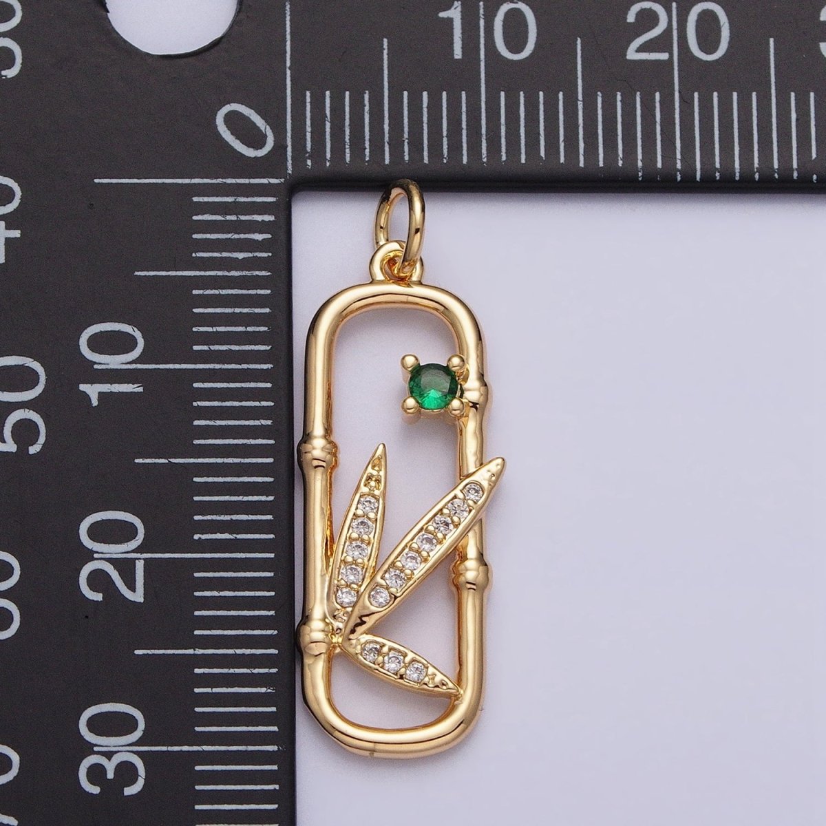 16K Gold Filled Nature Green CZ Micro Paved Leaves Bamboo Oblong Open Charm in Gold & Silver | AC968 AC969 - DLUXCA